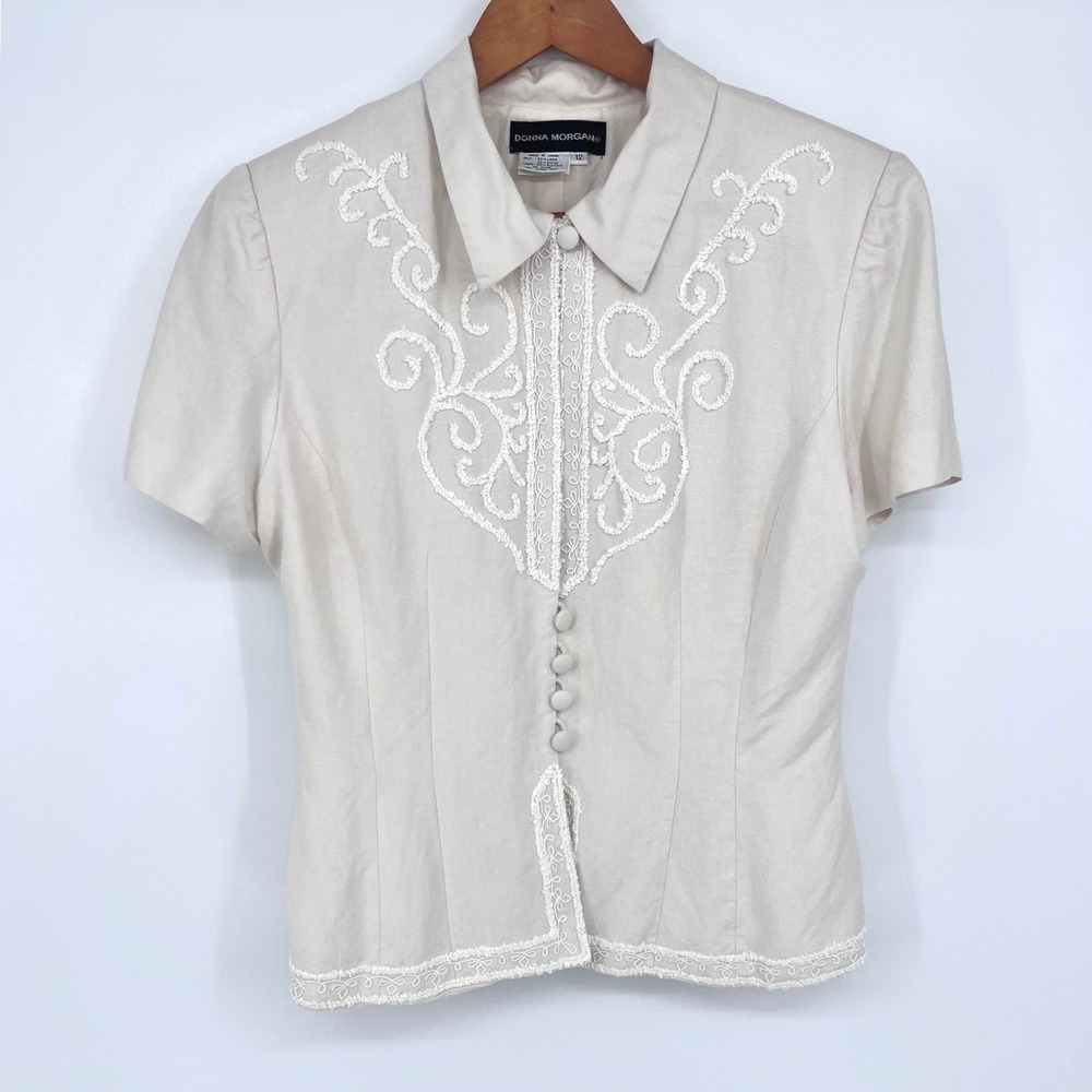 Donna Morgan Ivory Skirt Suit Women 12 PETITE Linen Blend Embroidered Old Money